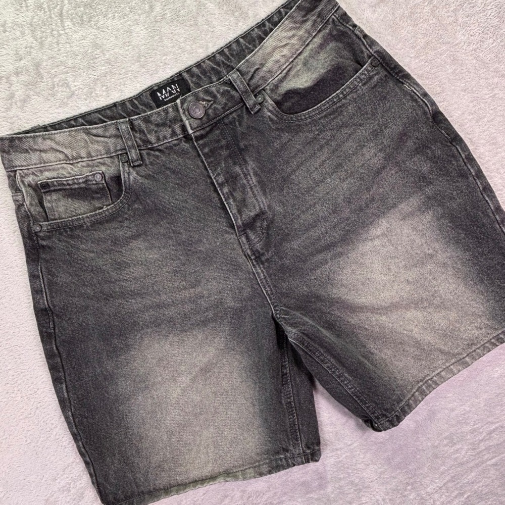 boohooMAN Mens Denim Shorts Sz 32 Grey Black Acid Wash‎ Button Fly Streetwear